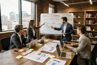 Équipe marketing professionnelle discutant des quatre types de marketing autour d'une table de réunion avec des graphiques et des laptops
