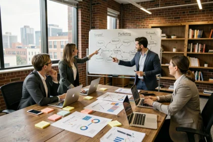Équipe marketing professionnelle discutant des quatre types de marketing autour d'une table de réunion avec des graphiques et des laptops