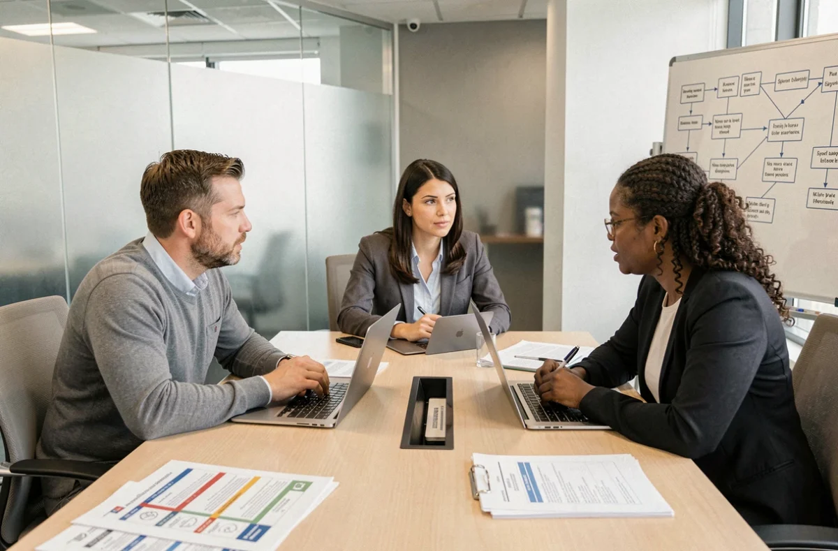 Équipe de professionnels discutant d'une procédure de mise en conformité autour d'une table de réunion avec des documents réglementaires