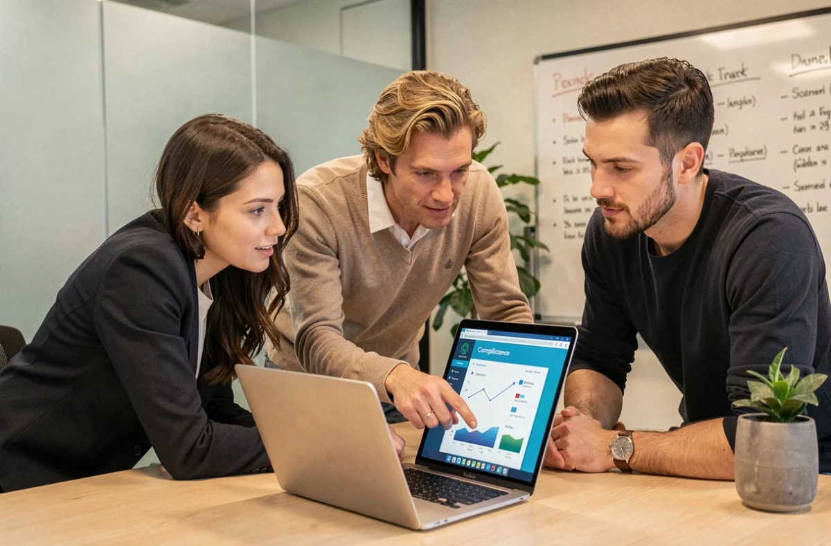 Équipe de professionnels analysant un tableau de bord de conformité sur ordinateur portable en salle de réunion