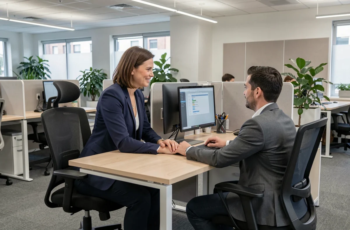 Spécialiste en ergonomie guidant un employé de bureau pour améliorer sa posture et réduire les risques de troubles musculosquelettiques au travail