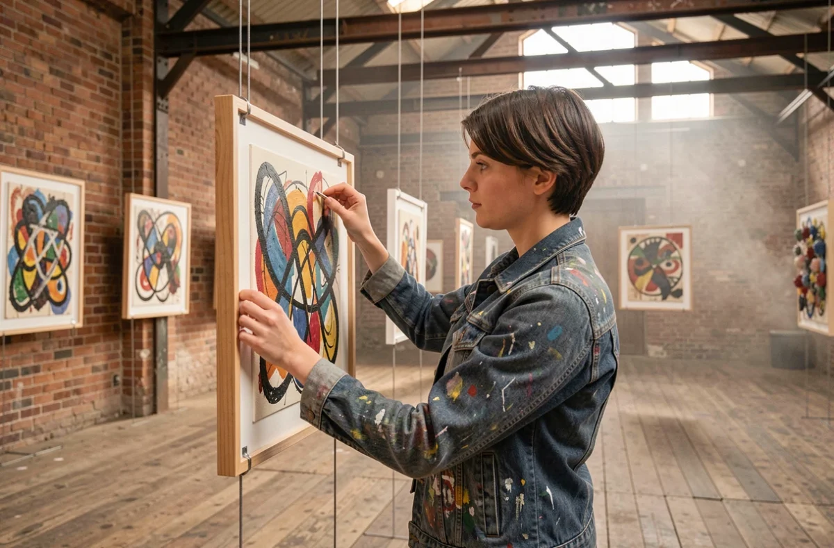 Jeune artiste accrochant ses œuvres abstraites dans un entrepôt industriel reconverti en espace d'exposition belge