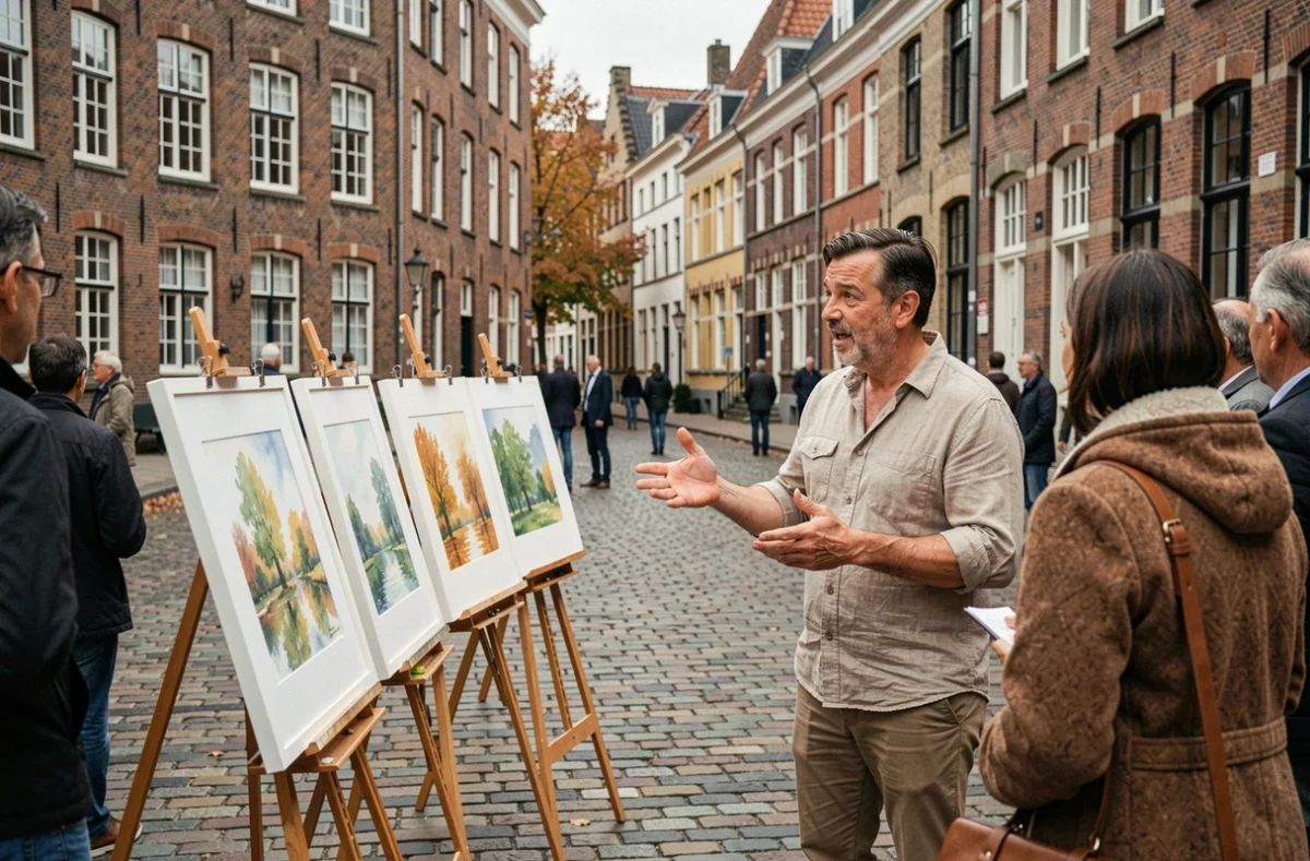 Artiste exposant ses peintures aquarelles en plein air sur une place publique belge pavée