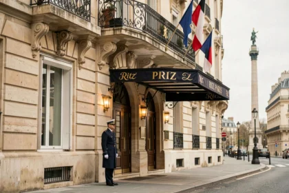 Façade emblématique de l'hôtel Ritz Paris sur la Place Vendôme avec portier en uniforme