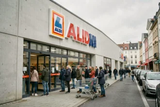 Façade extérieure d'un supermarché ALDI avec logo rouge et bleu, clients entrant et sortant du magasin, cadre urbain européen