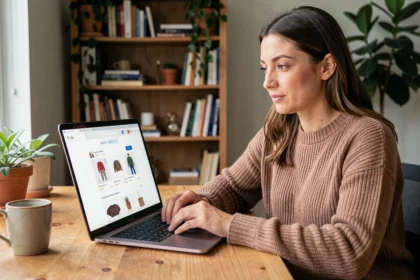 Femme faisant des achats en ligne sur un site de vente français depuis son bureau à domicile