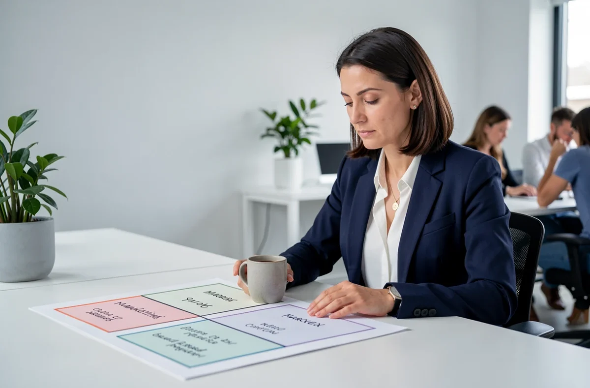 Femme d'affaires analysant un cadre des types de marketing sur un bureau dans un espace de coworking moderne