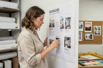 Femme examinant une grande affiche imprimée dans un atelier d'impression moderne, illustrant la différence entre affiche et flyer