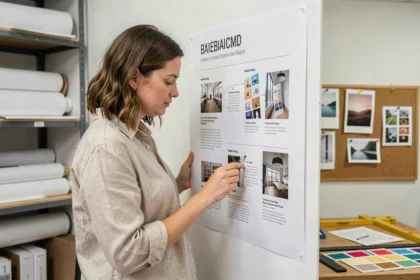 Femme examinant une grande affiche imprimée dans un atelier d'impression moderne, illustrant la différence entre affiche et flyer