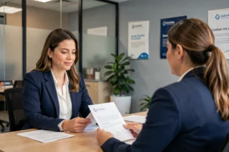 Femme en entretien avec un conseiller emploi dans une agence de recrutement moderne
