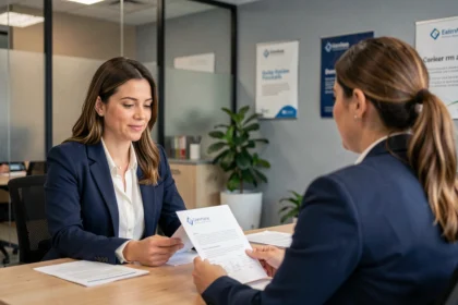Femme en entretien avec un conseiller emploi dans une agence de recrutement moderne