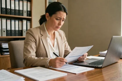Femme en blazer beige consultant des documents administratifs sur son bureau pour vérifier ses droits au chômage