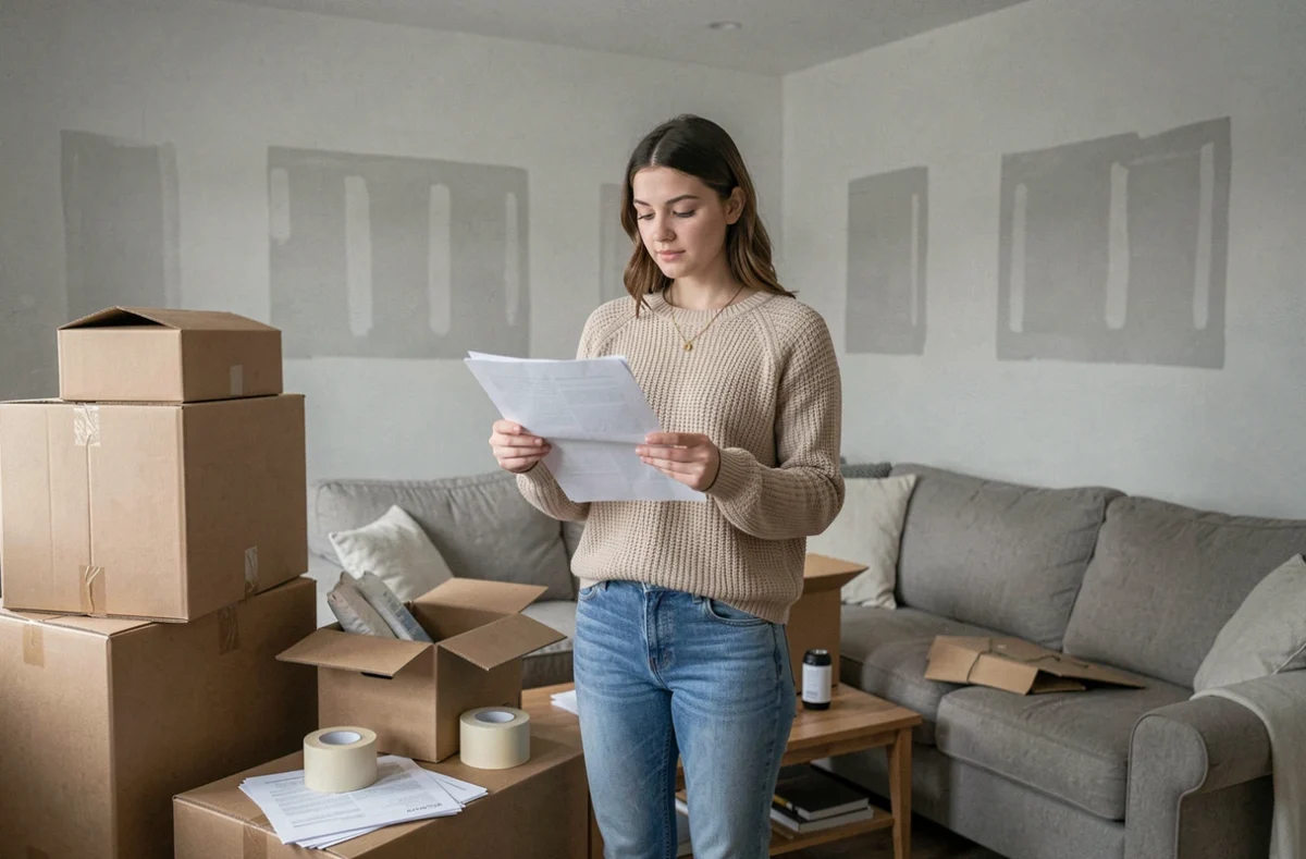Jeune femme consultant des documents administratifs dans un appartement en cours de déménagement
