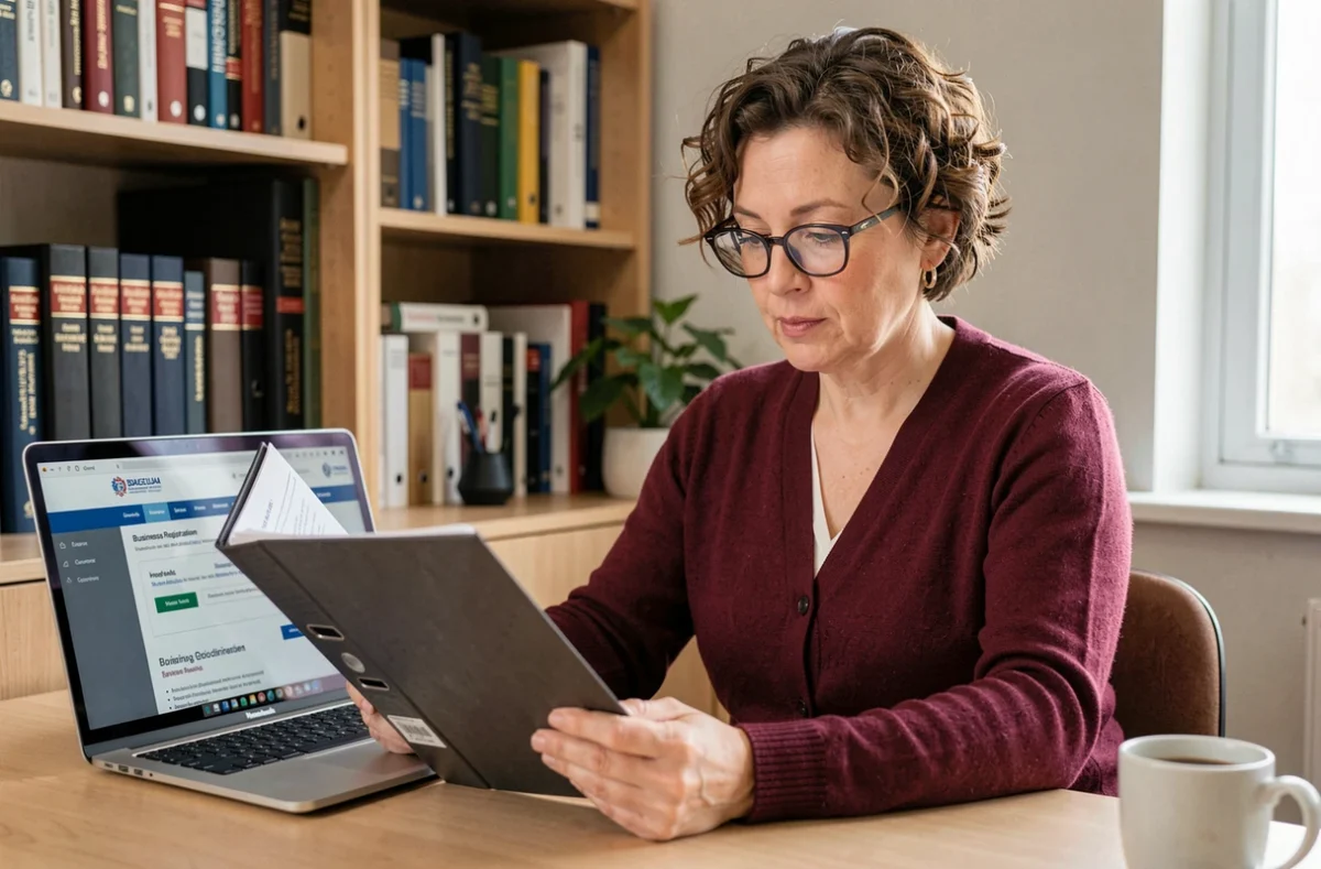 Une femme étudie seule un dossier de création d'entreprise à son bureau à domicile