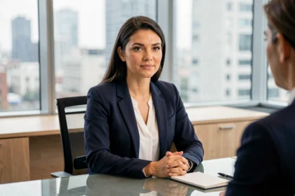 Femme en entretien d'embauche exprimant sa motivation pour un poste dans un bureau moderne
