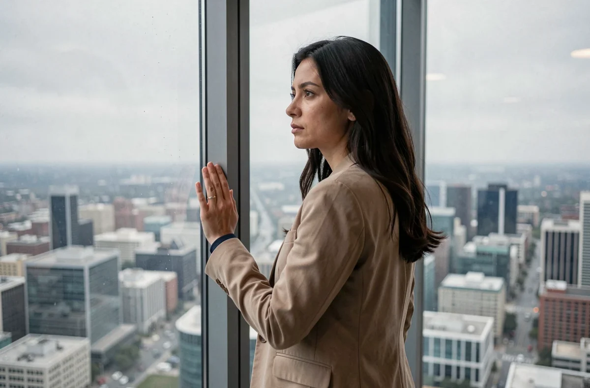 Femme contemplant la ville depuis son bureau en hauteur, symbolisant la solitude et le vide malgré la réussite professionnelle