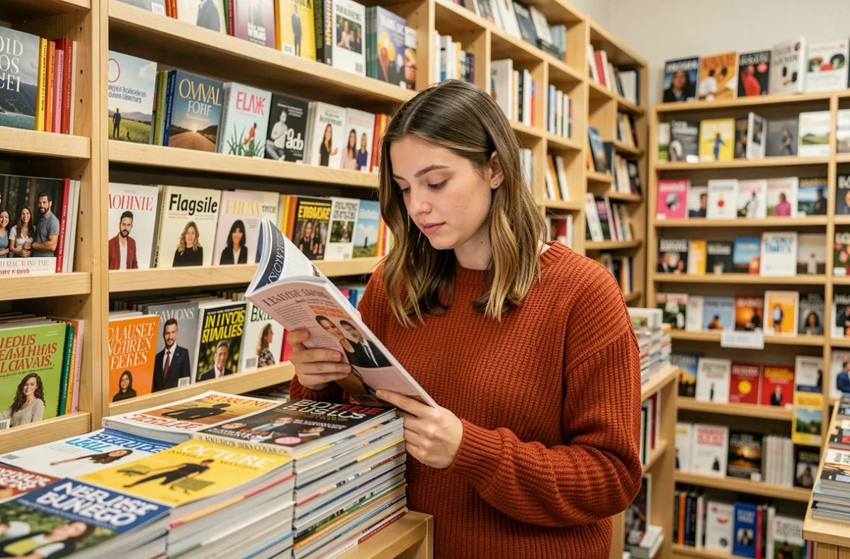 Jeune femme feuilletant des magazines variés dans une librairie de presse indépendante
