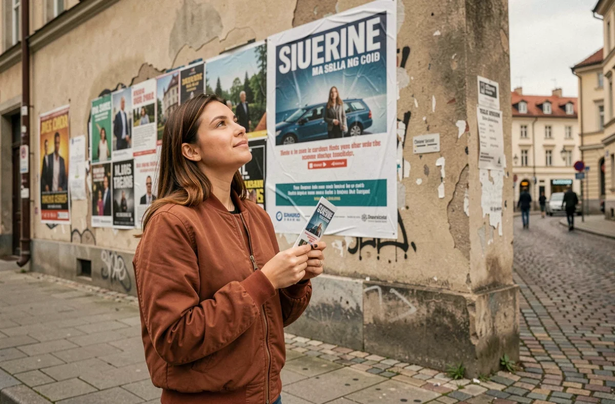Jeune femme tenant un flyer en ville devant une grande affiche publicitaire murale