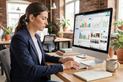 Femme utilisant un outil de gestion des réseaux sociaux sur ordinateur dans un espace de coworking moderne