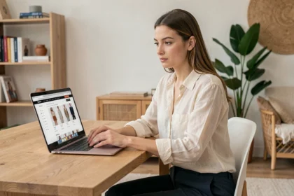 Jeune femme cherchant la base logistique Zalando sur son ordinateur portable dans un appartement moderne au style scandinave