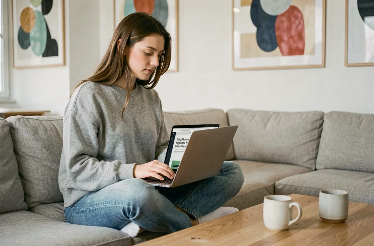 Jeune femme révisant un texte de publicité sur son ordinateur portable dans un espace de coworking au style scandinave épuré