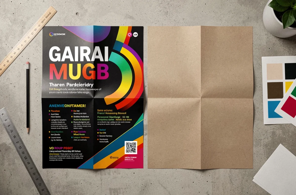 Vue en plongée d'un flyer brillant et d'une affiche mate posés côte à côte sur une surface en béton gris, entourés d'outils de design graphique