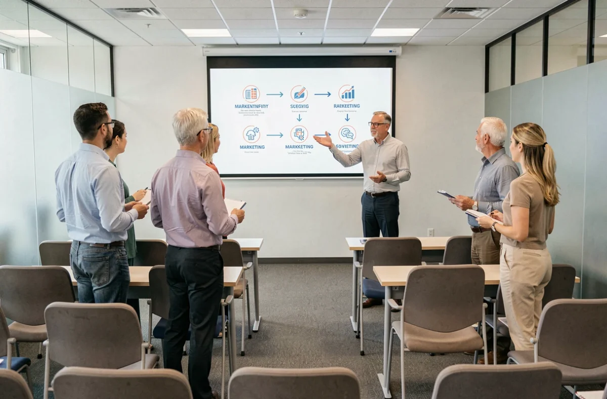 Formation professionnelle sur les quatre types de marketing avec présentation sur écran devant un groupe de participants
