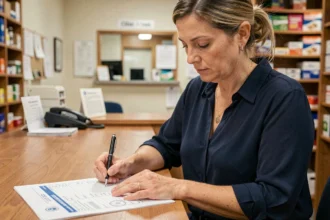 Femme remplissant un formulaire douanier CN23 au guichet d'un bureau de poste
