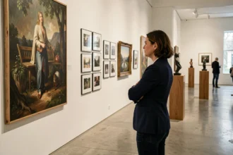 Femme admirant des œuvres d'art dans une galerie contemporaine belge aux murs blancs