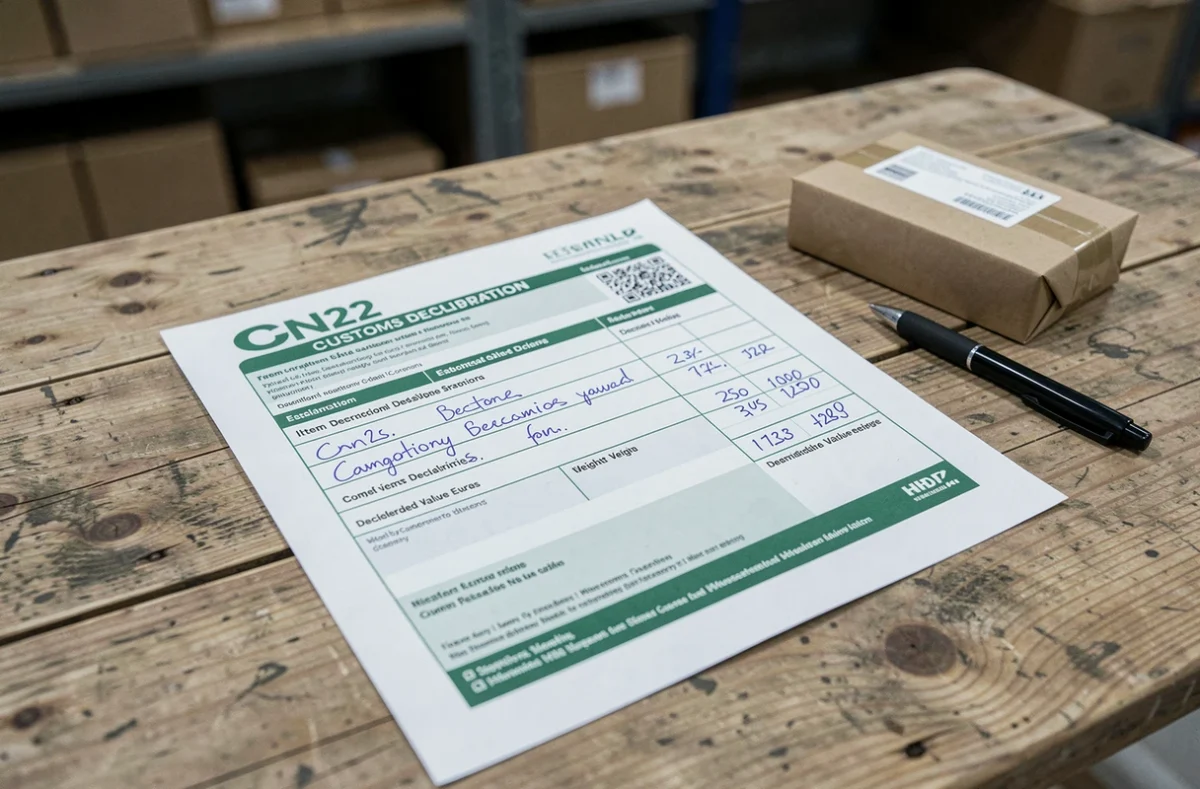 Gros plan d'un formulaire CN22 rempli pour déclaration douanière sur un colis international