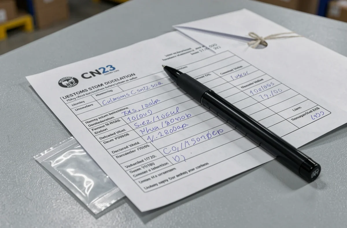 Gros plan sur un formulaire CN23 rempli posé sur une enveloppe postale avec un stylo