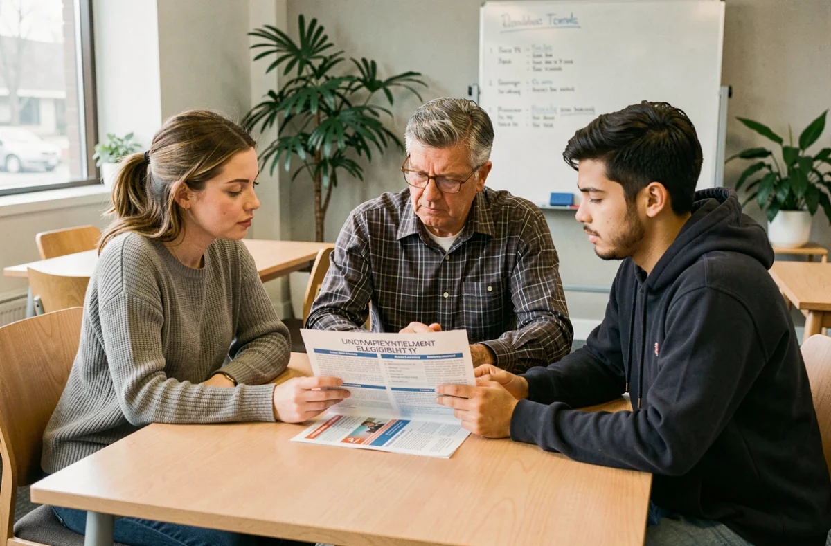 Groupe de personnes consultant une brochure sur les heures requises pour bénéficier de l'allocation chômage dans un centre communautaire