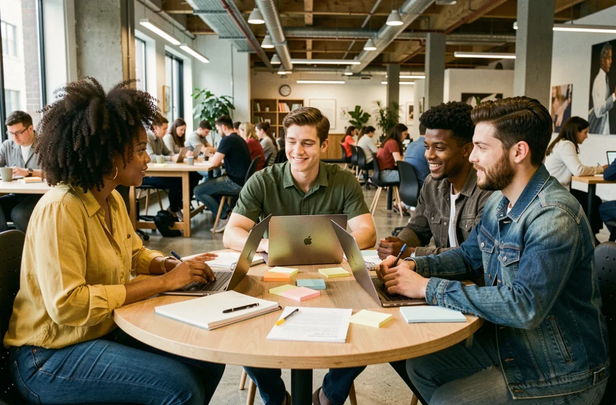 Groupe de jeunes entrepreneurs collaborant dans un espace d'incubateur pour lancer leur projet d'entreprise