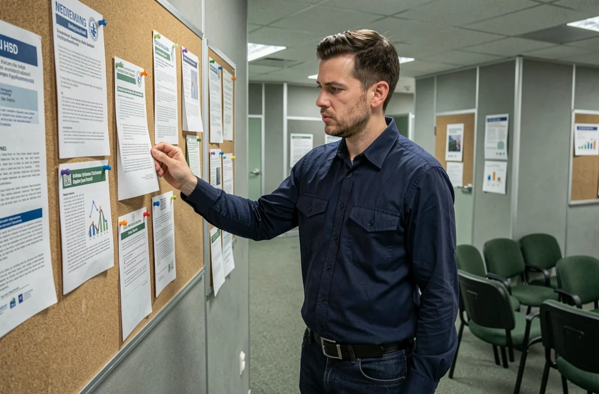 Homme en chemise de travail lisant une affiche officielle dans une agence pour l'emploi sur les conditions d'accès au chômage