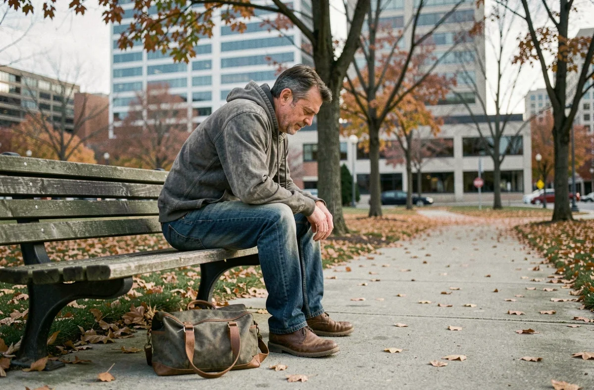 Homme assis seul sur un banc de parc en pleine journée de travail, exprimant la lassitude et le questionnement sur le sens du travail
