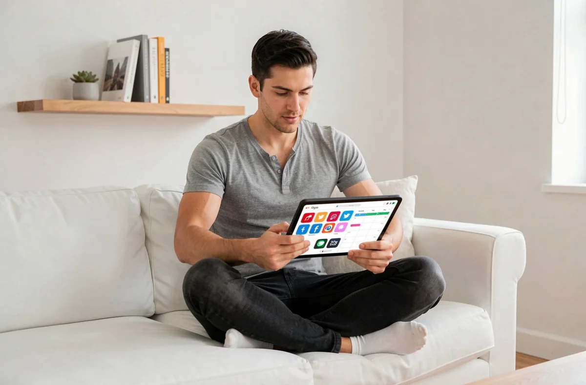 Jeune homme comparant des outils de gestion des réseaux sociaux sur tablette depuis son bureau à domicile