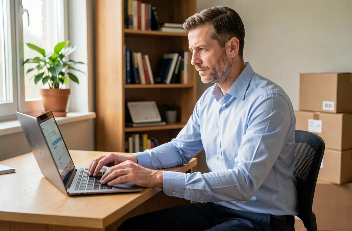 Homme rédigeant un email à son employeur depuis son bureau à domicile entouré de cartons de déménagement