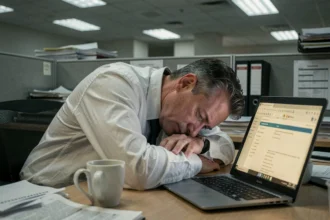 Homme épuisé affalé sur son bureau au bureau, illustrant le surmenage et le mal-être au travail