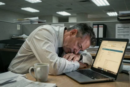 Homme épuisé affalé sur son bureau au bureau, illustrant le surmenage et le mal-être au travail
