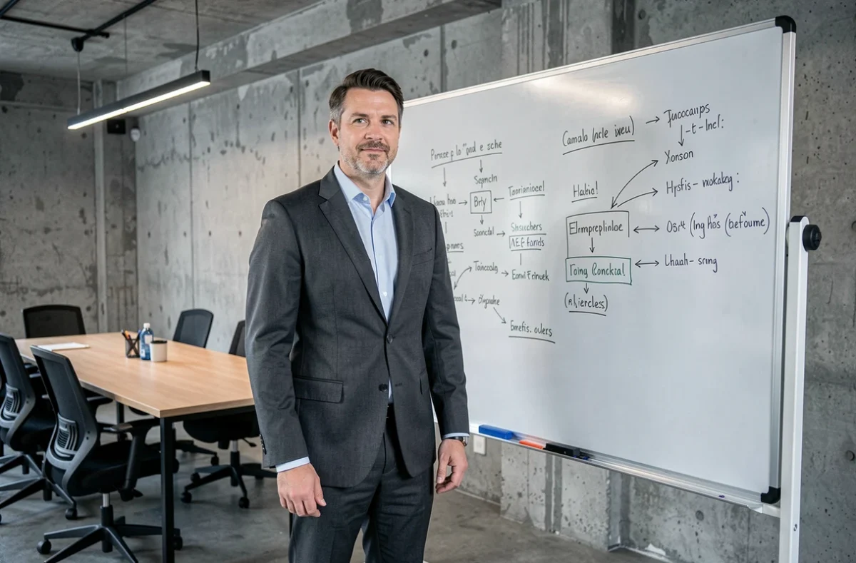 Homme en costume devant un tableau blanc dans une salle de réunion, illustrant la préparation à un entretien professionnel