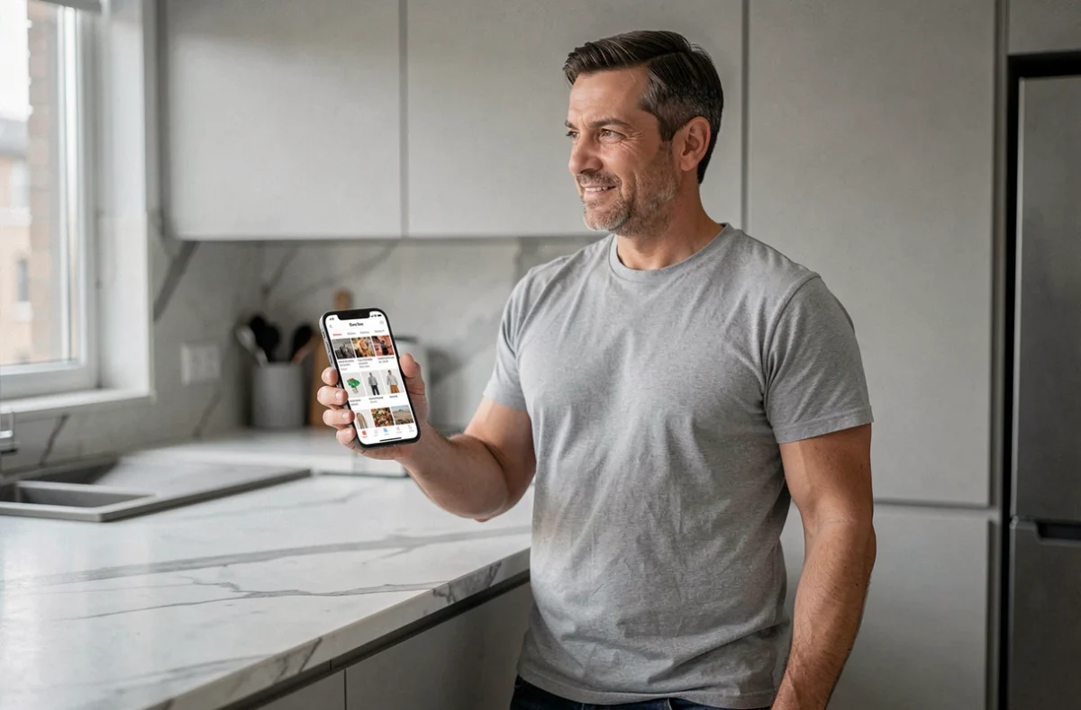 Homme consultant un site de vente en ligne sur smartphone dans une cuisine moderne