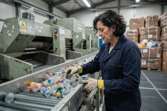 Ingénieure inspectant des matériaux recyclables sur un tapis roulant dans un centre de tri moderne, illustration de l'économie circulaire