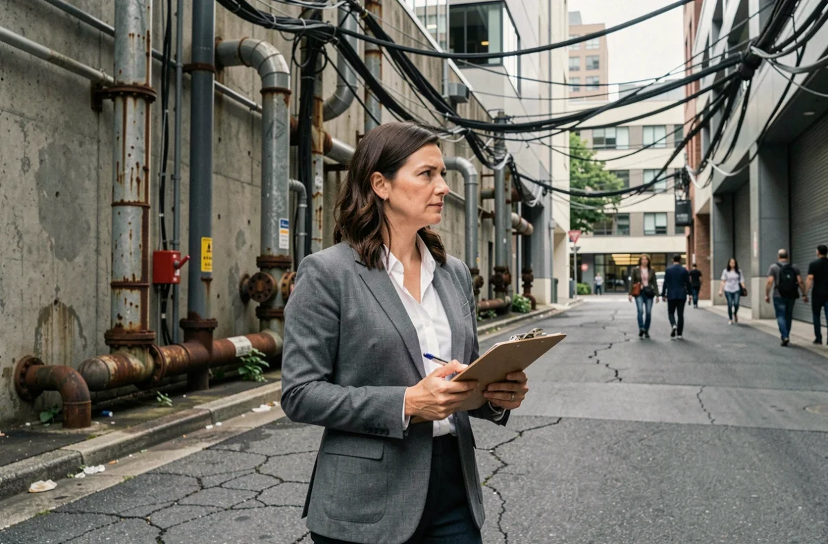 Professionnelle inspectant des infrastructures urbaines vieillissantes représentant des risques émergents
