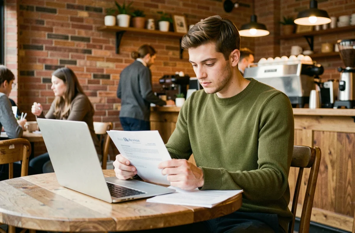 Jeune professionnel préparant ses motivations pour un entretien dans un café avec un CV et un ordinateur portable