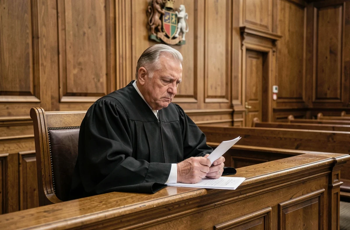 Juge en robe dans une salle d'audience examinant des preuves d'une faute intentionnelle
