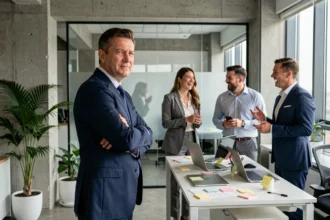 Cadre en retrait d'un groupe de collègues dans un open space, illustrant l'exclusion liée à la culture d'entreprise