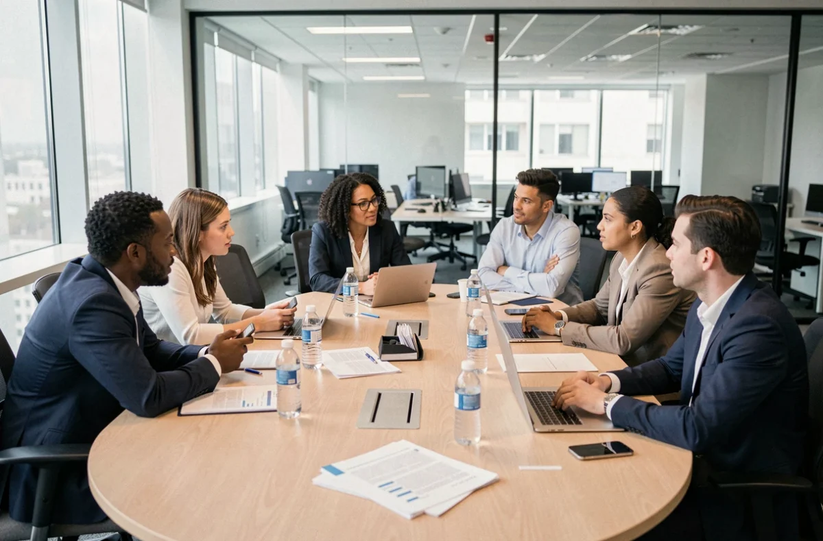 Réunion d'équipe aux dynamiques contrastées autour d'une table de conférence, révélant les tensions d'une culture d'entreprise imposée