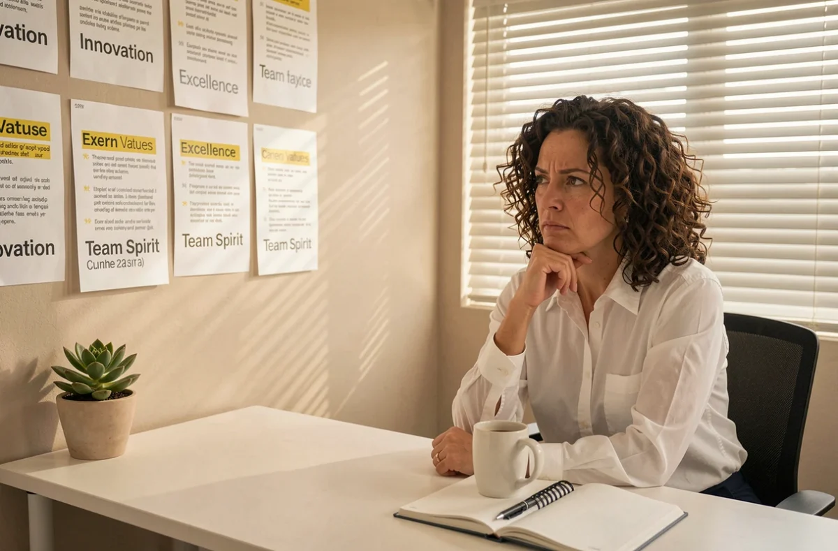 Femme pensive face à des affiches de valeurs d'entreprise, questionnant le sens de la culture organisationnelle