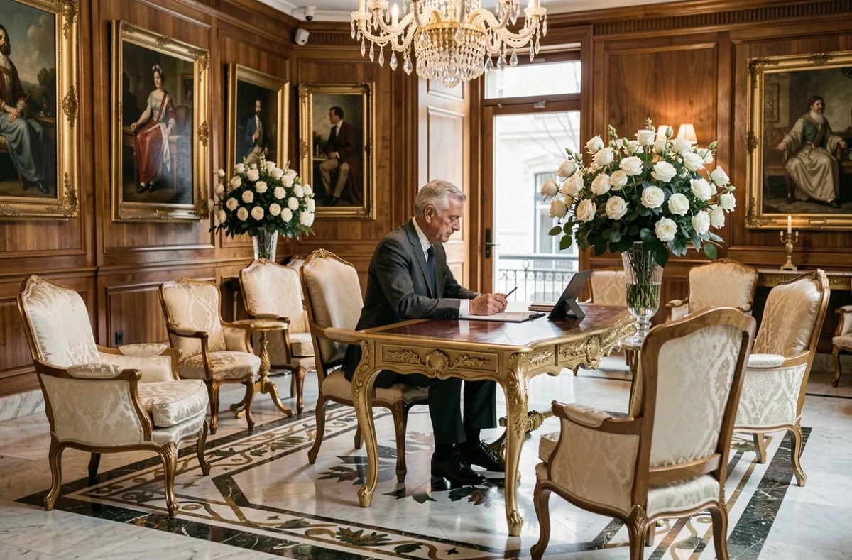 Dirigeant en costume dans un lobby d'hôtel de luxe style Ritz Paris avec décoration dorée
