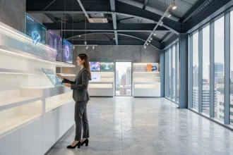 Intérieur d'un magasin futuriste avec écrans holographiques et une cliente explorant une interface digitale transparente